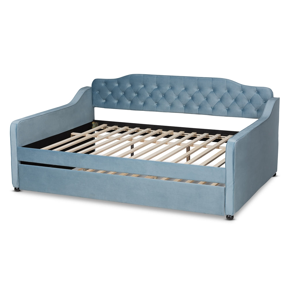 Freda Transitional and Contemporary Light Blue Velvet Fabric Upholstered and Button Tufted Queen Size Daybed with Trundle