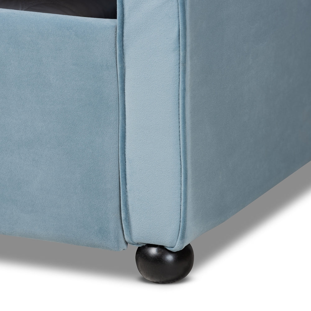 Freda Transitional and Contemporary Light Blue Velvet Fabric Upholstered and Button Tufted Full Size Daybed with Trundle