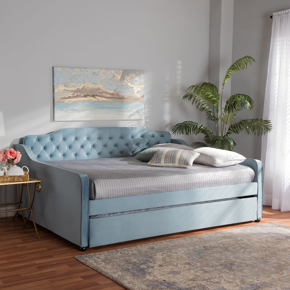 Freda Transitional and Contemporary Light Blue Velvet Fabric Upholstered and Button Tufted Full Size Daybed with Trundle