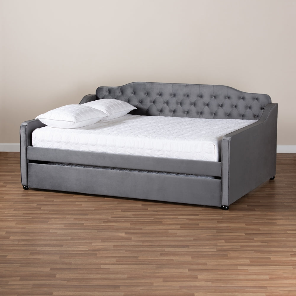 Freda Grey Velvet Fabric and Button Tufted Queen Size Daybed with Trundle