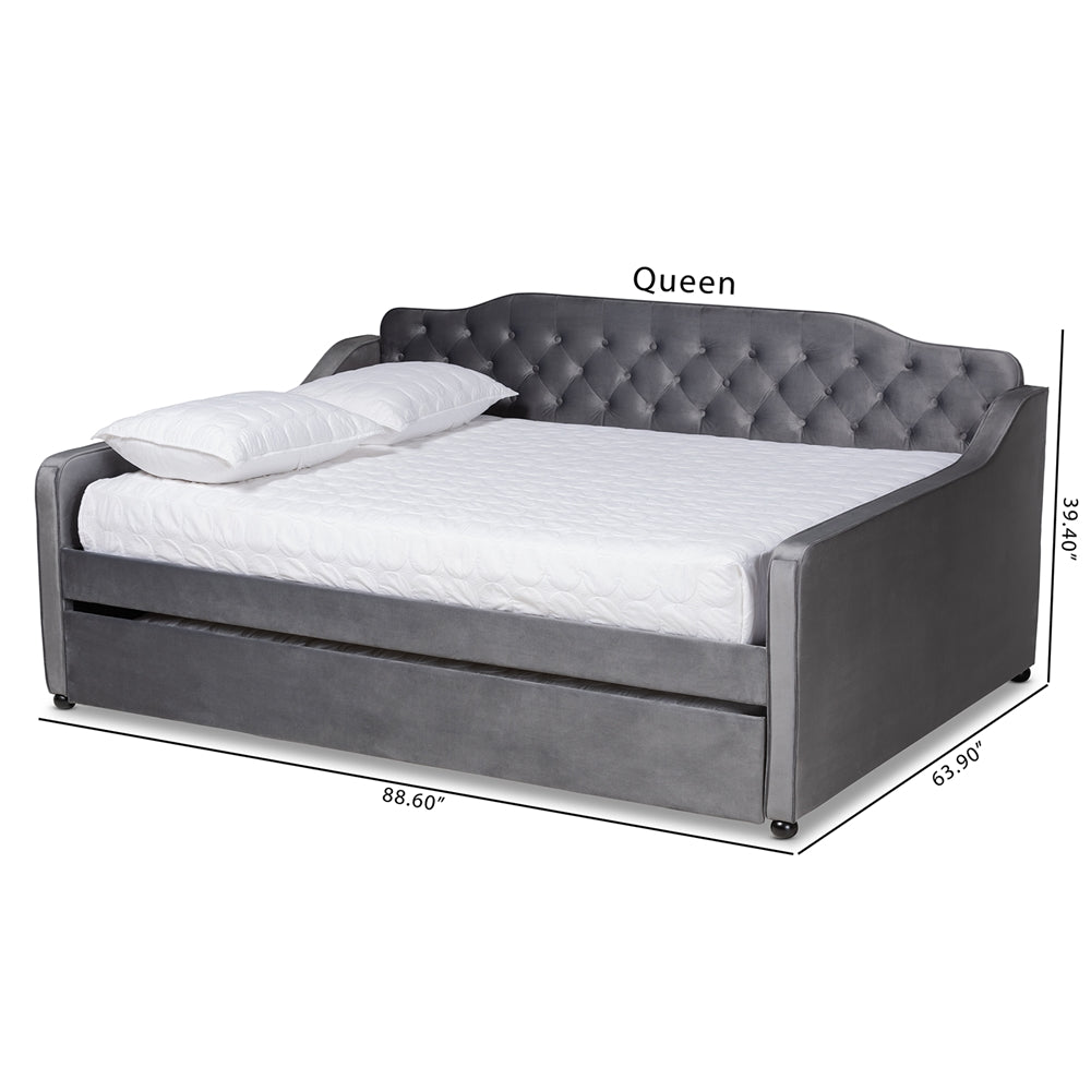 Freda Grey Velvet Fabric and Button Tufted Queen Size Daybed with Trundle