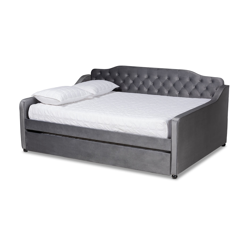 Freda Grey Velvet Fabric and Button Tufted Queen Size Daybed with Trundle
