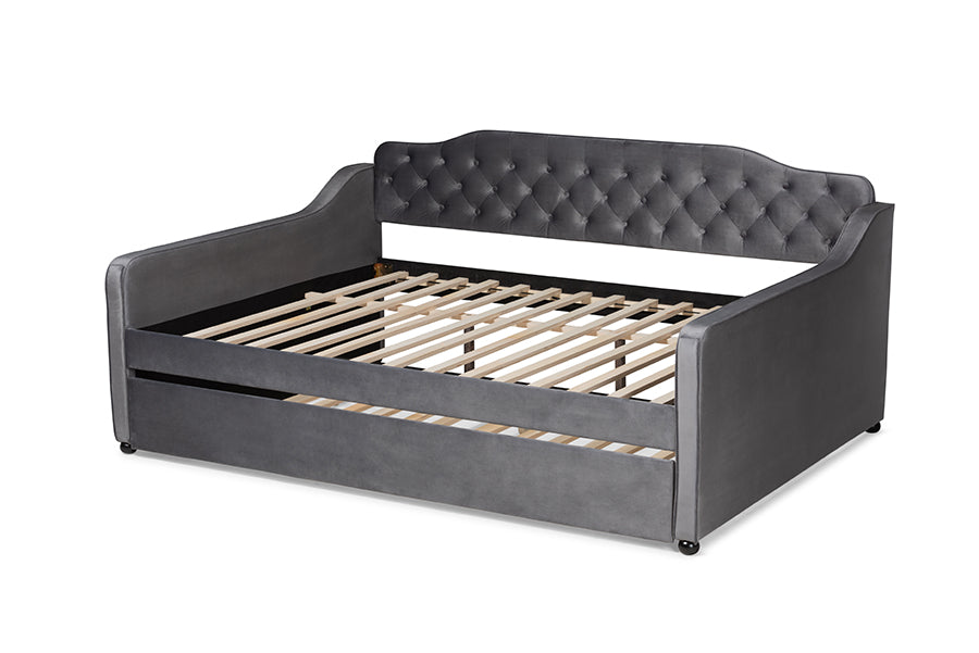Freda Grey Velvet Fabric and Button Tufted Queen Size Daybed with Trundle
