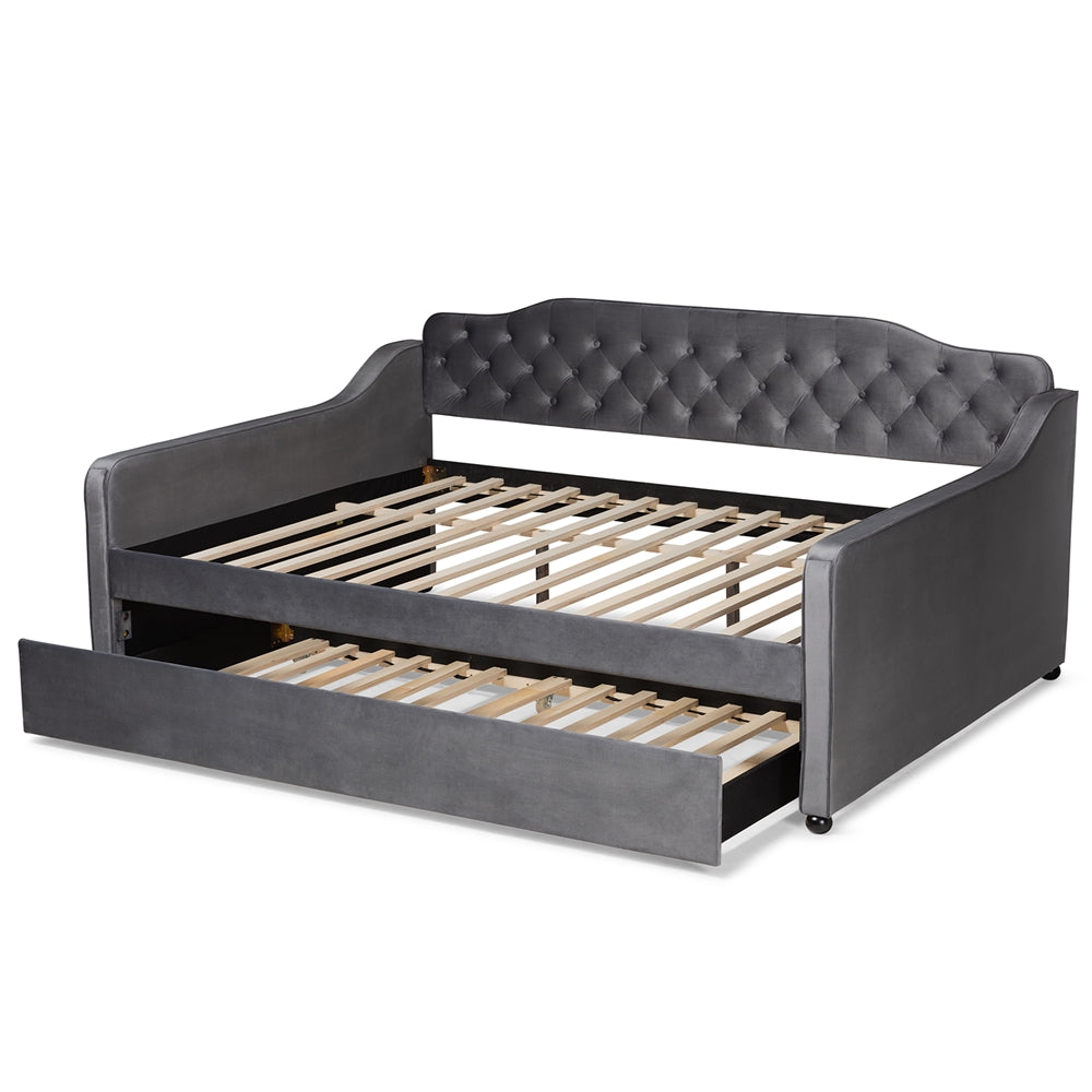 Freda Grey Velvet Fabric and Button Tufted Queen Size Daybed with Trundle