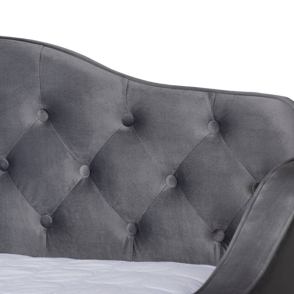 Freda Grey Velvet Fabric and Button Tufted Queen Size Daybed with Trundle
