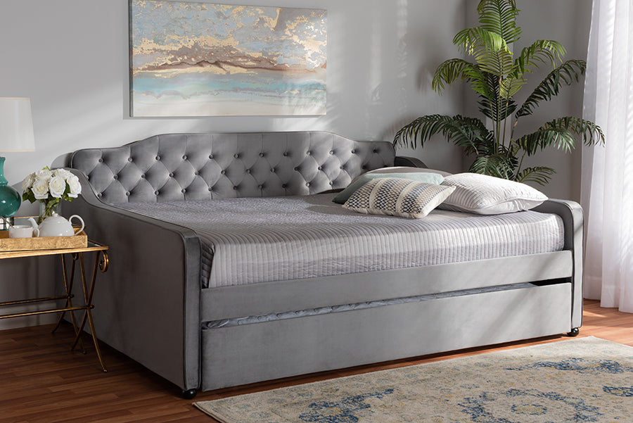Freda Grey Velvet Fabric and Button Tufted Queen Size Daybed with Trundle