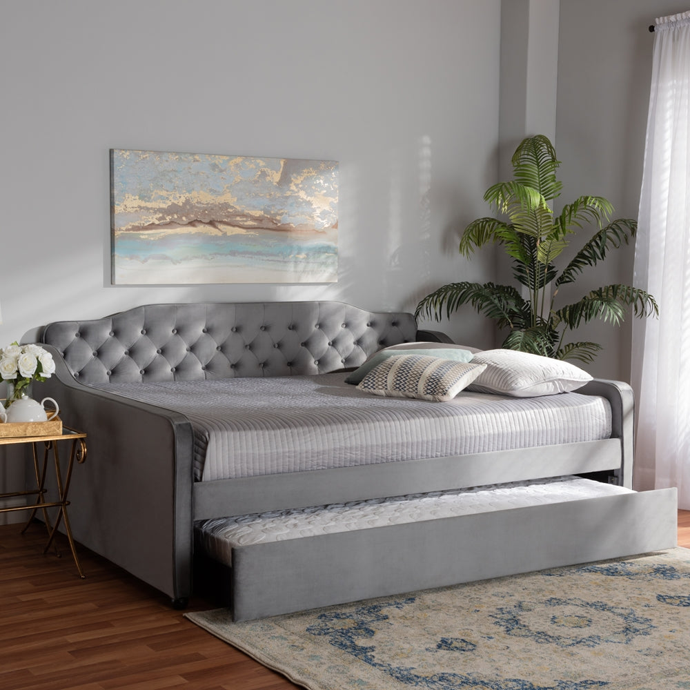 Freda Grey Velvet Fabric and Button Tufted Queen Size Daybed with Trundle