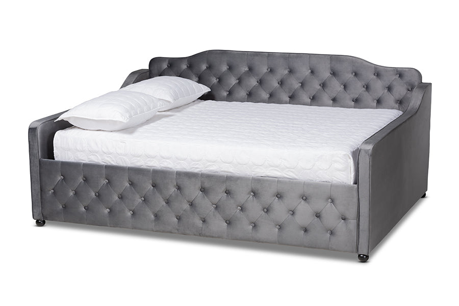 Freda Transitional and Contemporary Grey Velvet Fabric Upholstered and Button Tufted Queen Size Daybed