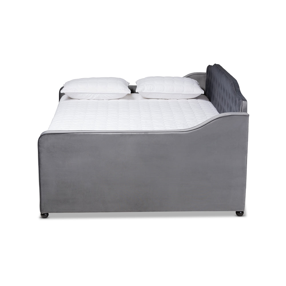 Freda Transitional and Contemporary Grey Velvet Fabric Upholstered and Button Tufted Full Size Daybed