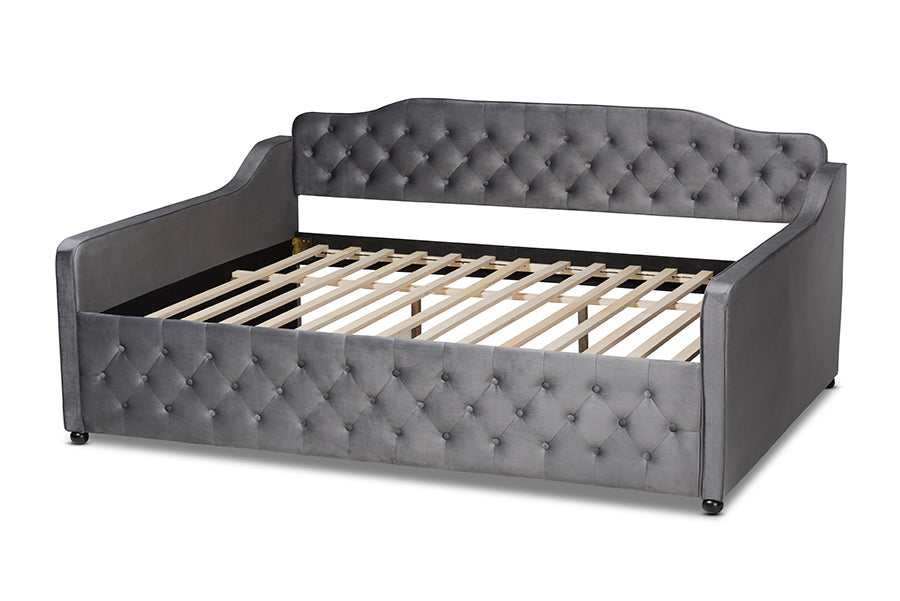 Freda Transitional and Contemporary Grey Velvet Fabric Upholstered and Button Tufted Full Size Daybed