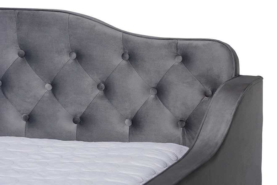 Freda Transitional and Contemporary Grey Velvet Fabric Upholstered and Button Tufted Queen Size Daybed