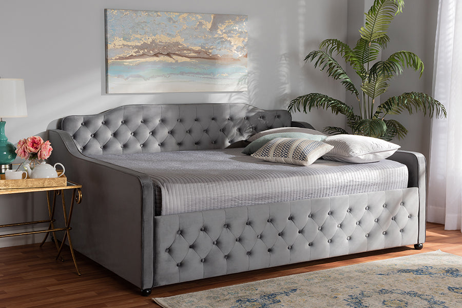 Freda Transitional and Contemporary Grey Velvet Fabric Upholstered and Button Tufted Queen Size Daybed