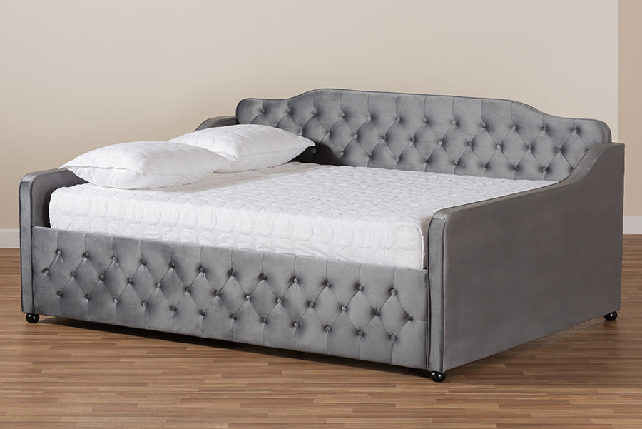Freda Transitional and Contemporary Grey Velvet Fabric Upholstered and Button Tufted Queen Size Daybed