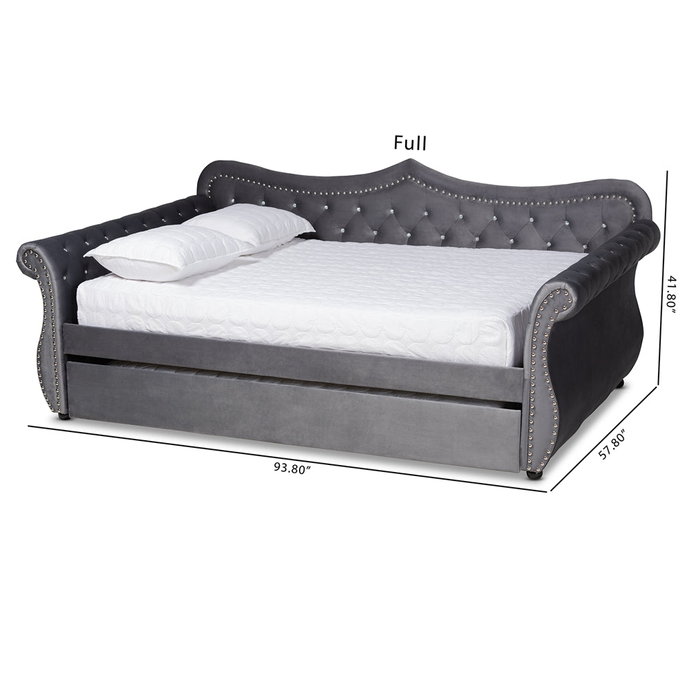 Lara Abbie Full Grey Velvet Daybed with Trundle – Tufted Glam Design with Crystal Accents