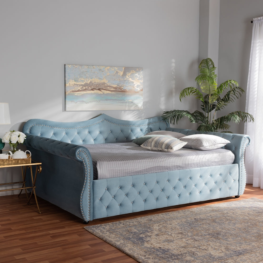 Roya Abbie Queen Velvet Upholstered Daybed – Crystal Tufted Elegance