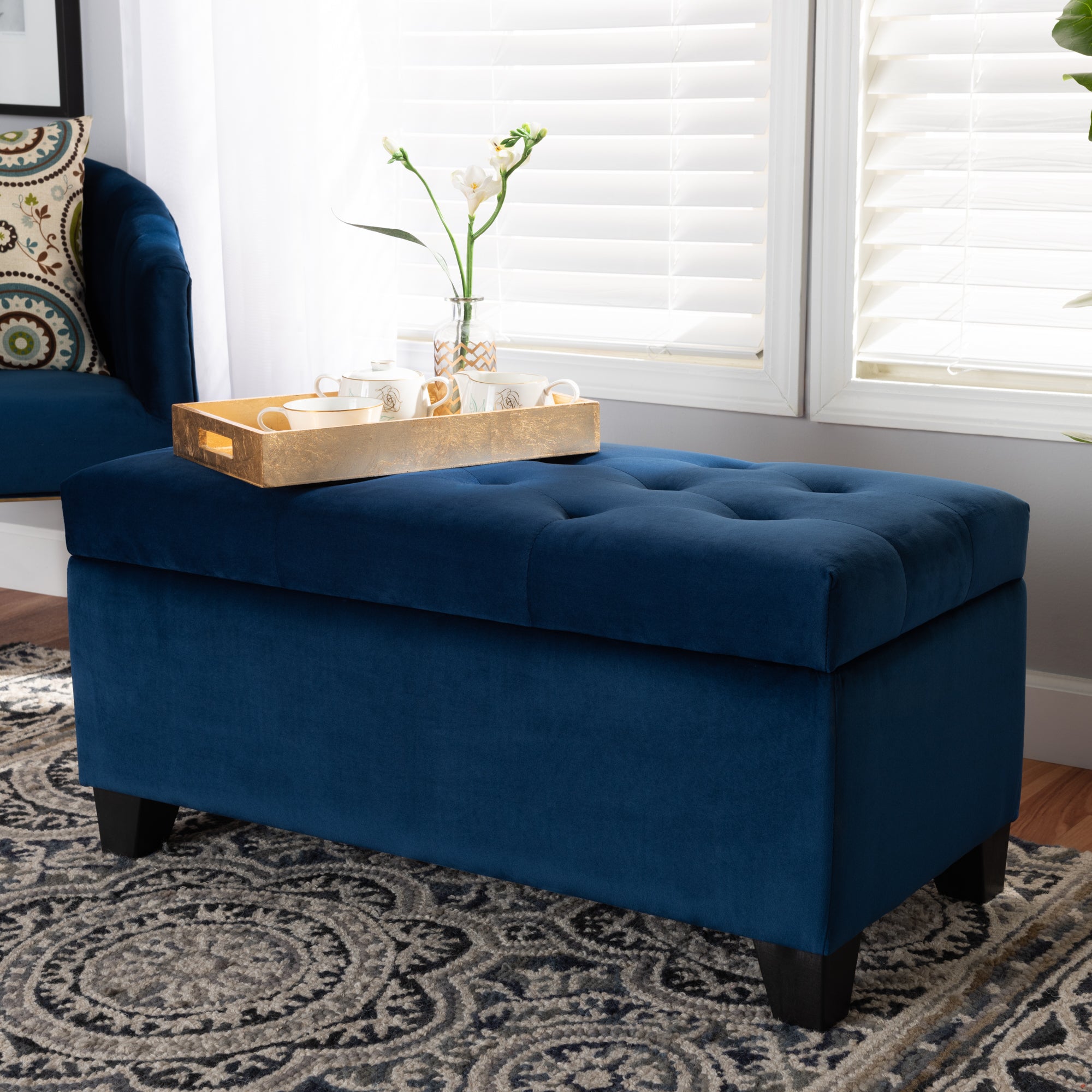 Michaela Modern and Contemporary Navy Blue Velvet Fabric Upholstered Storage Ottoman