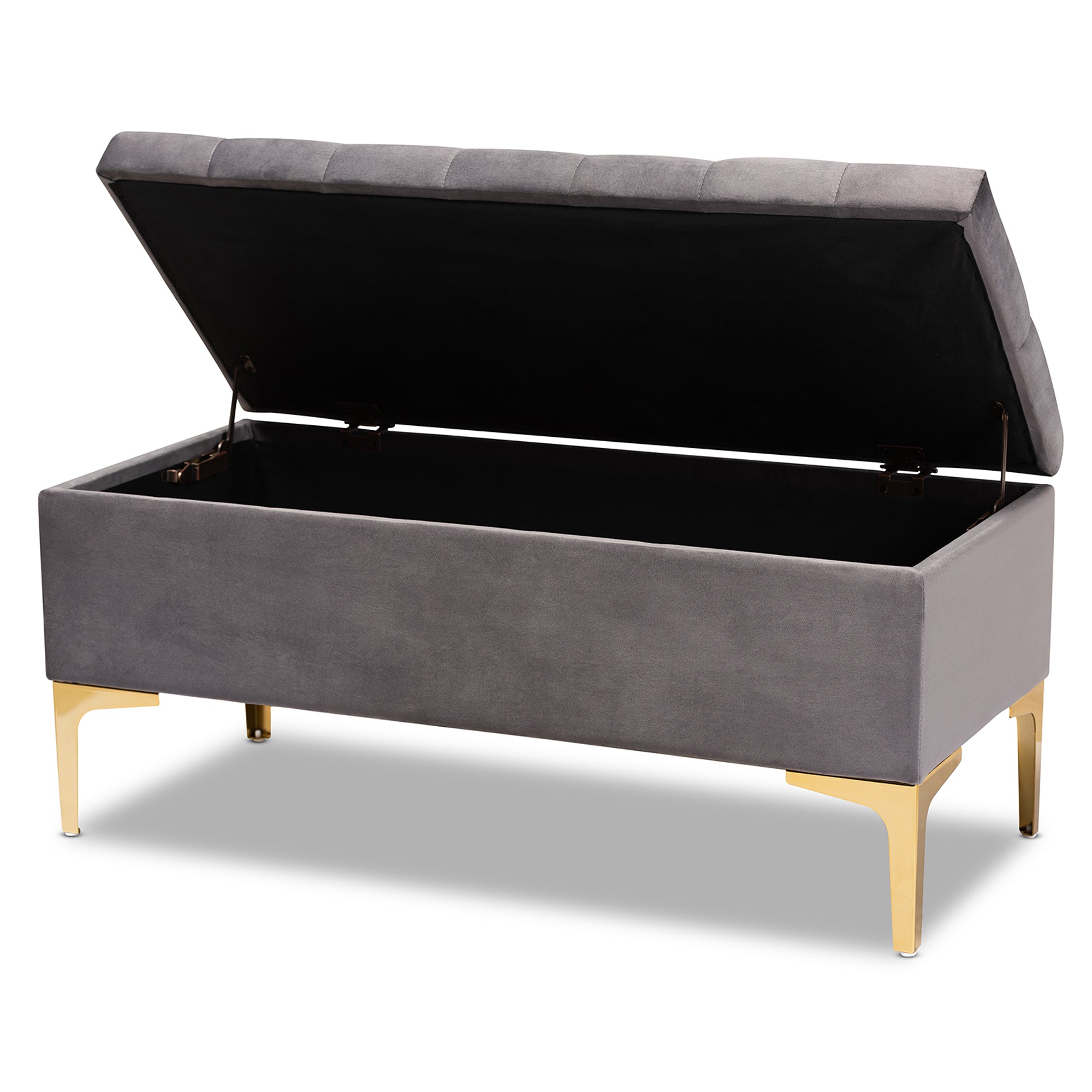 Valere and Grey Velvet Fabric Upholstered Gold Finished Button Tufted Storage Ottoman
