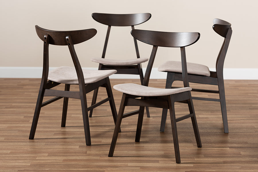 Britte Mid-Century Modern Beige Fabric Upholstered Dark Oak Brown Finished 4-Piece Wood Dining Chair Set Set