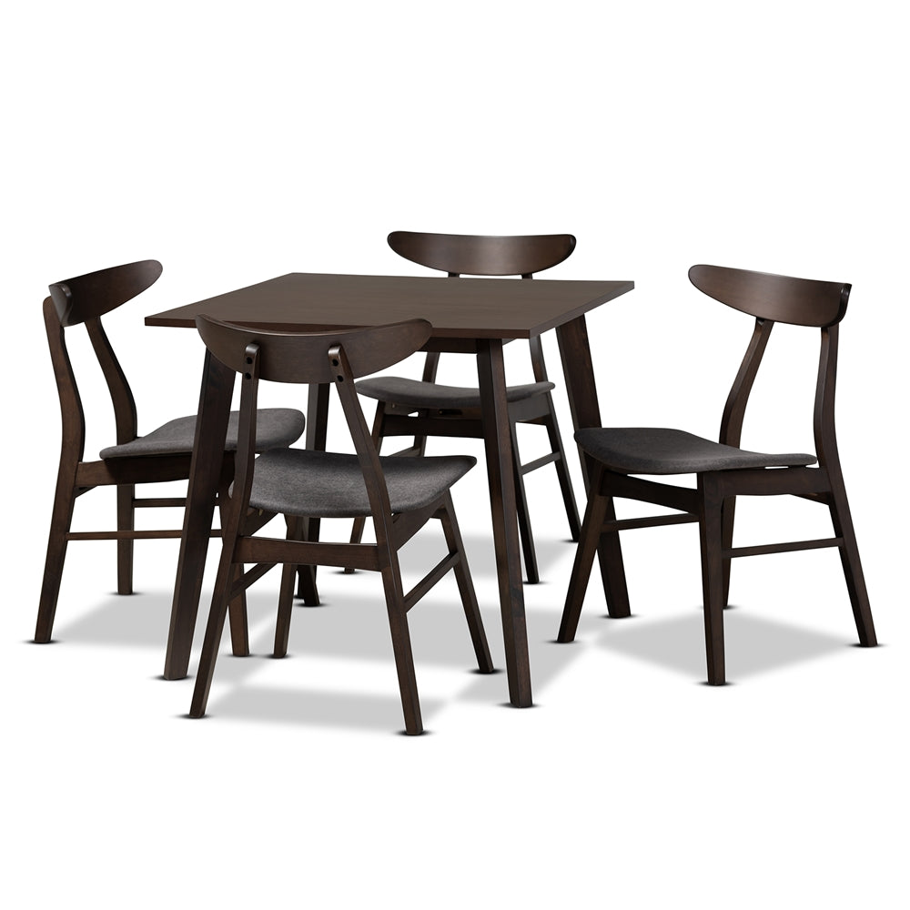 Britte Mid-Century Modern Dark Grey Fabric Upholstered Dark Oak Brown Finished 5-Piece Wood Dining Set