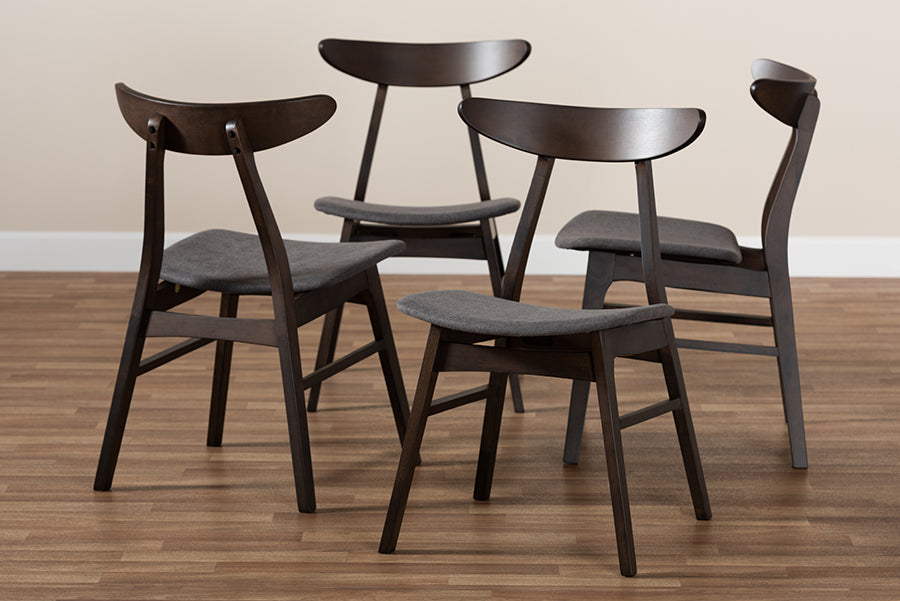 Britte Mid-Century Modern Dark Grey Fabric Upholstered Dark Oak Brown Finished 4-Piece Wood Dining Chair Set Set