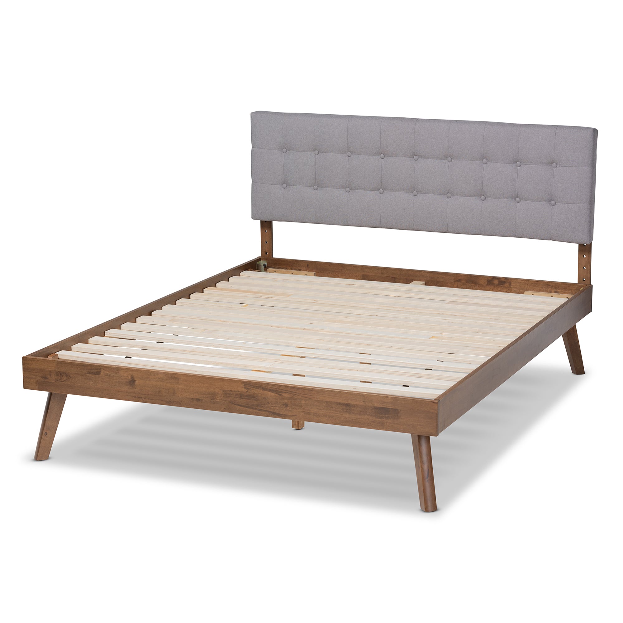 Devan Mid-Century Light Grey Walnut Brown Finished Queen Size Bed