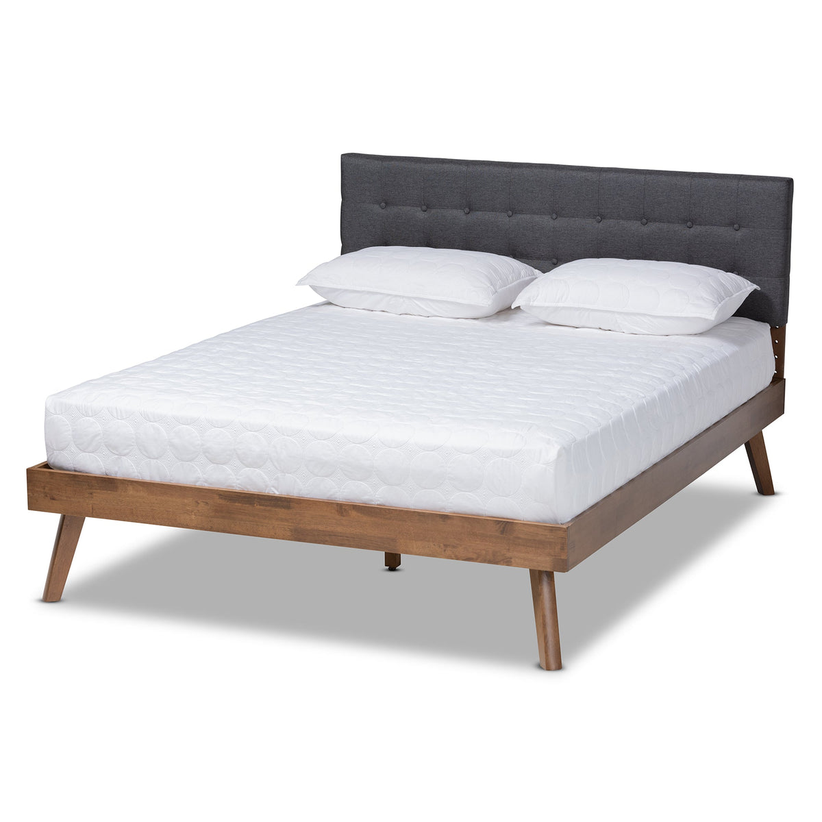 Devan Mid-Century Modern Dark Grey Fabric Upholstered Walnut Brown Finished Wood King Size Platform Bed