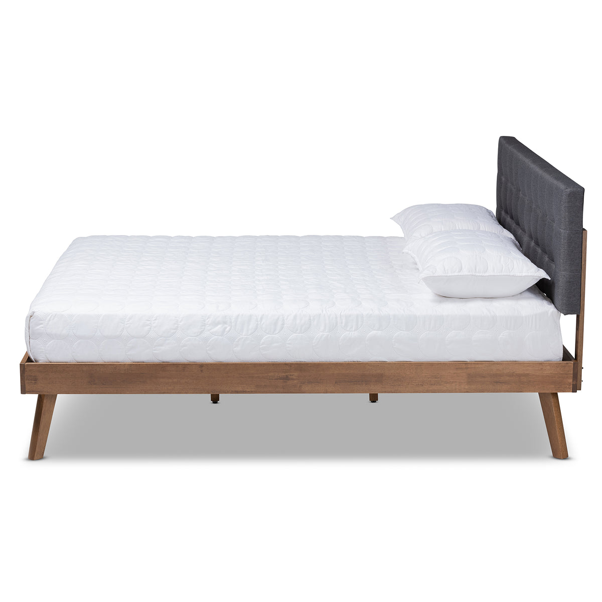 Devan Mid-Century Modern Dark Grey Fabric Upholstered Walnut Brown Finished Wood King Size Platform Bed