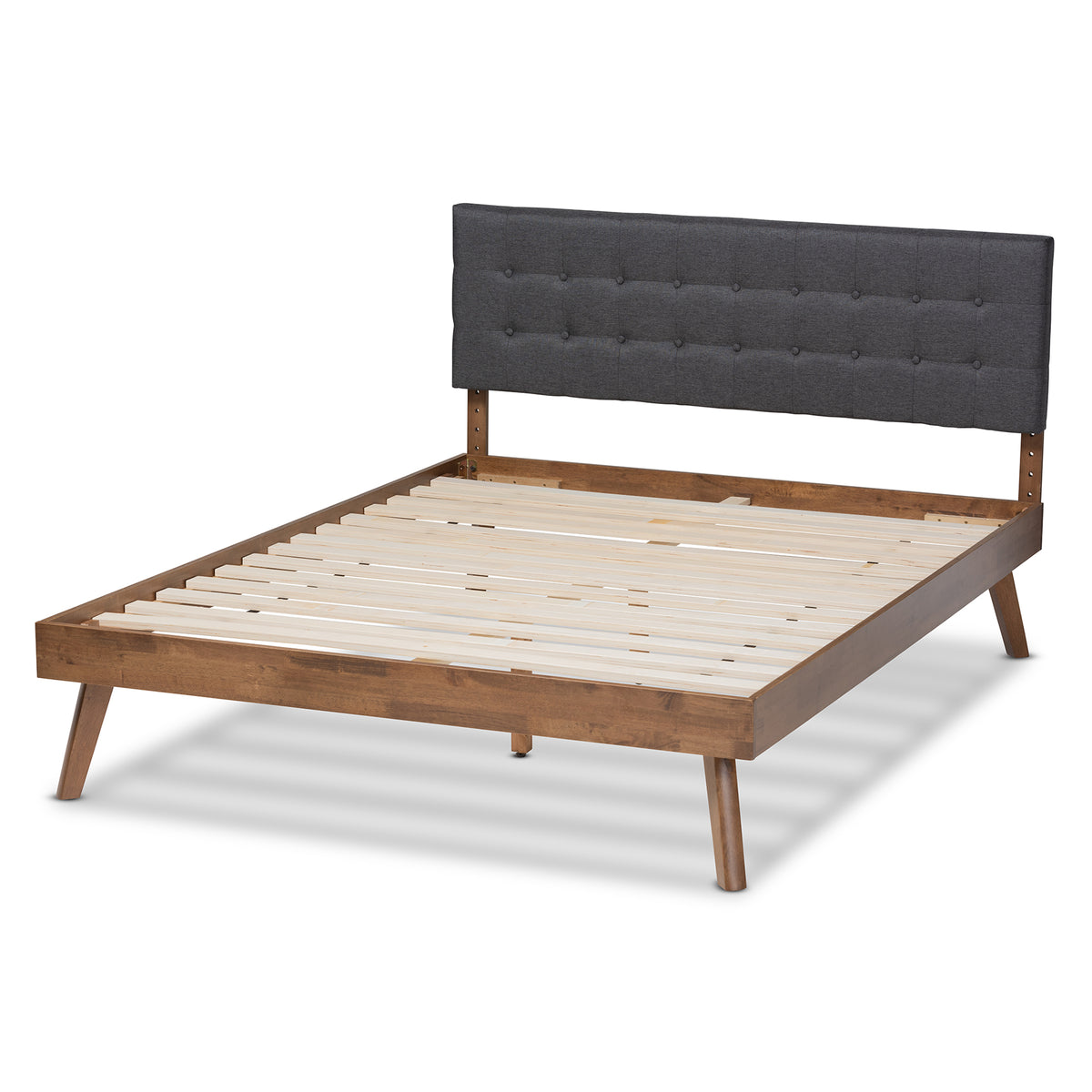 Devan Mid-Century Modern Dark Grey Fabric Upholstered Walnut Brown Finished Wood King Size Platform Bed
