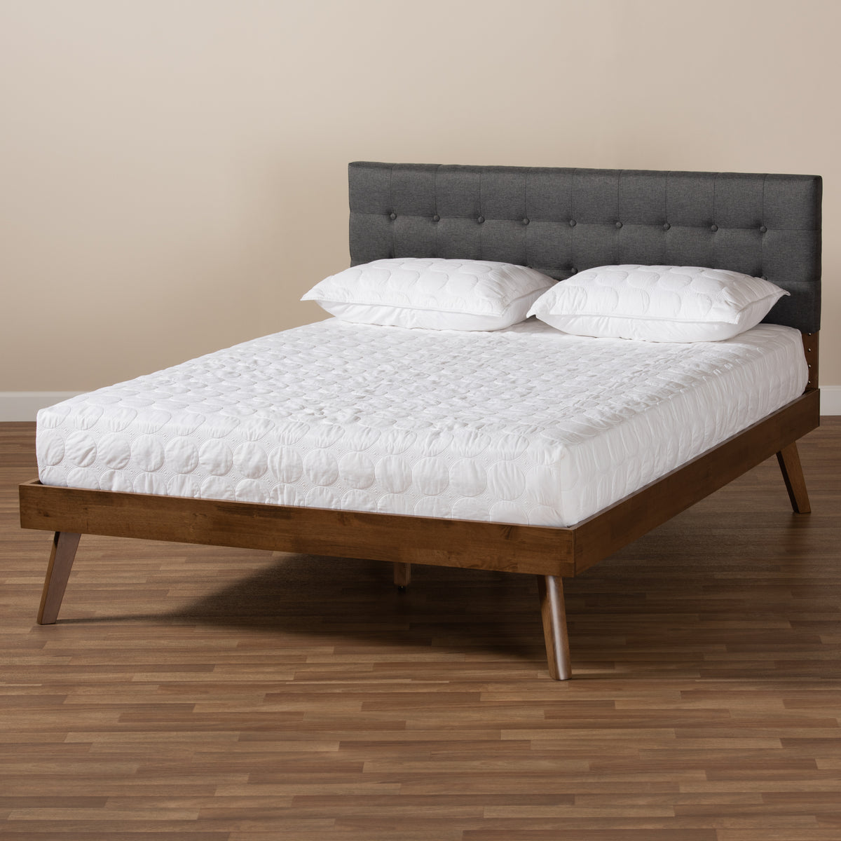 Devan Mid-Century Modern Dark Grey Fabric Upholstered Walnut Brown Finished Wood King Size Platform Bed