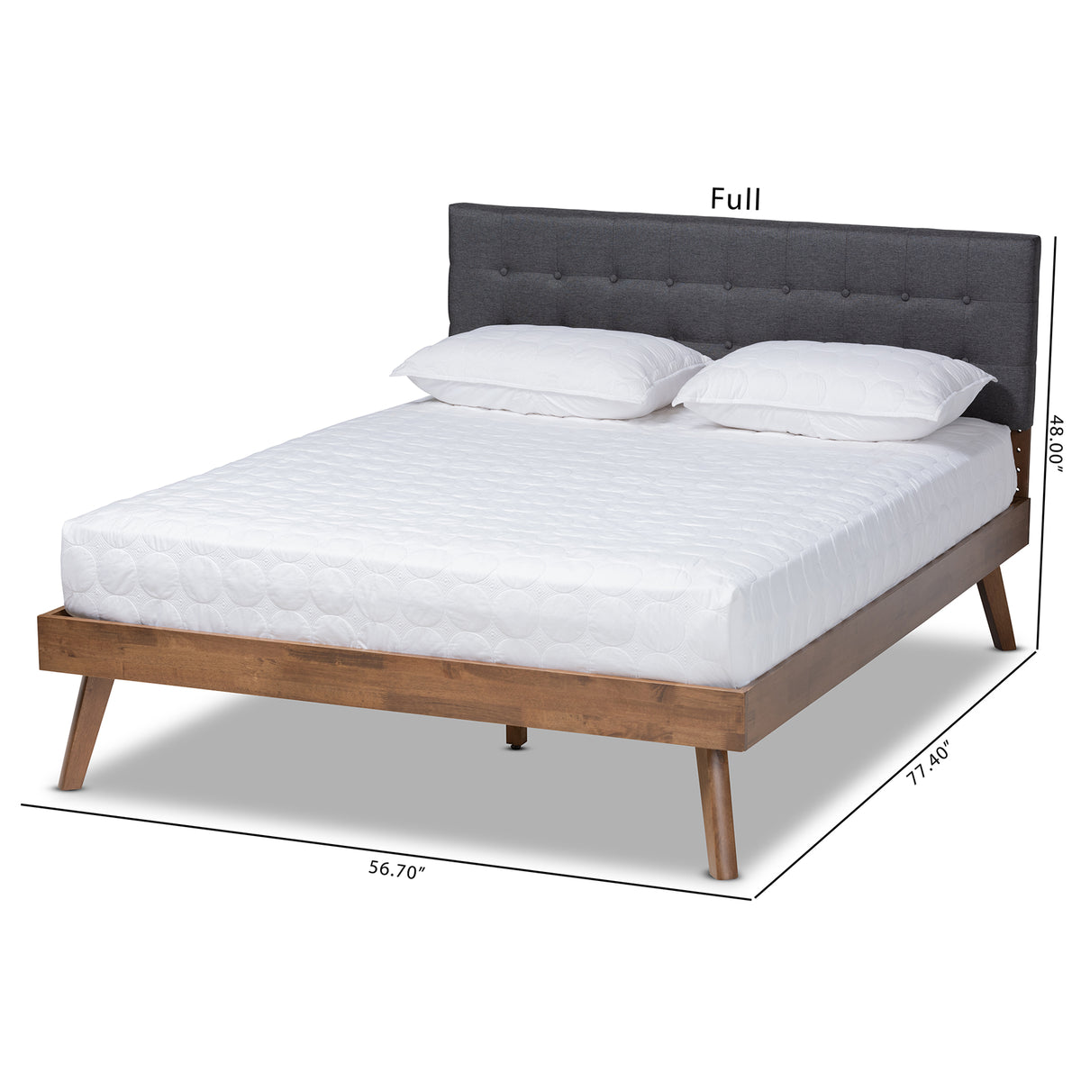 Devan Mid-Century Modern Dark Grey Fabric Upholstered Walnut Brown Finished Wood King Size Platform Bed