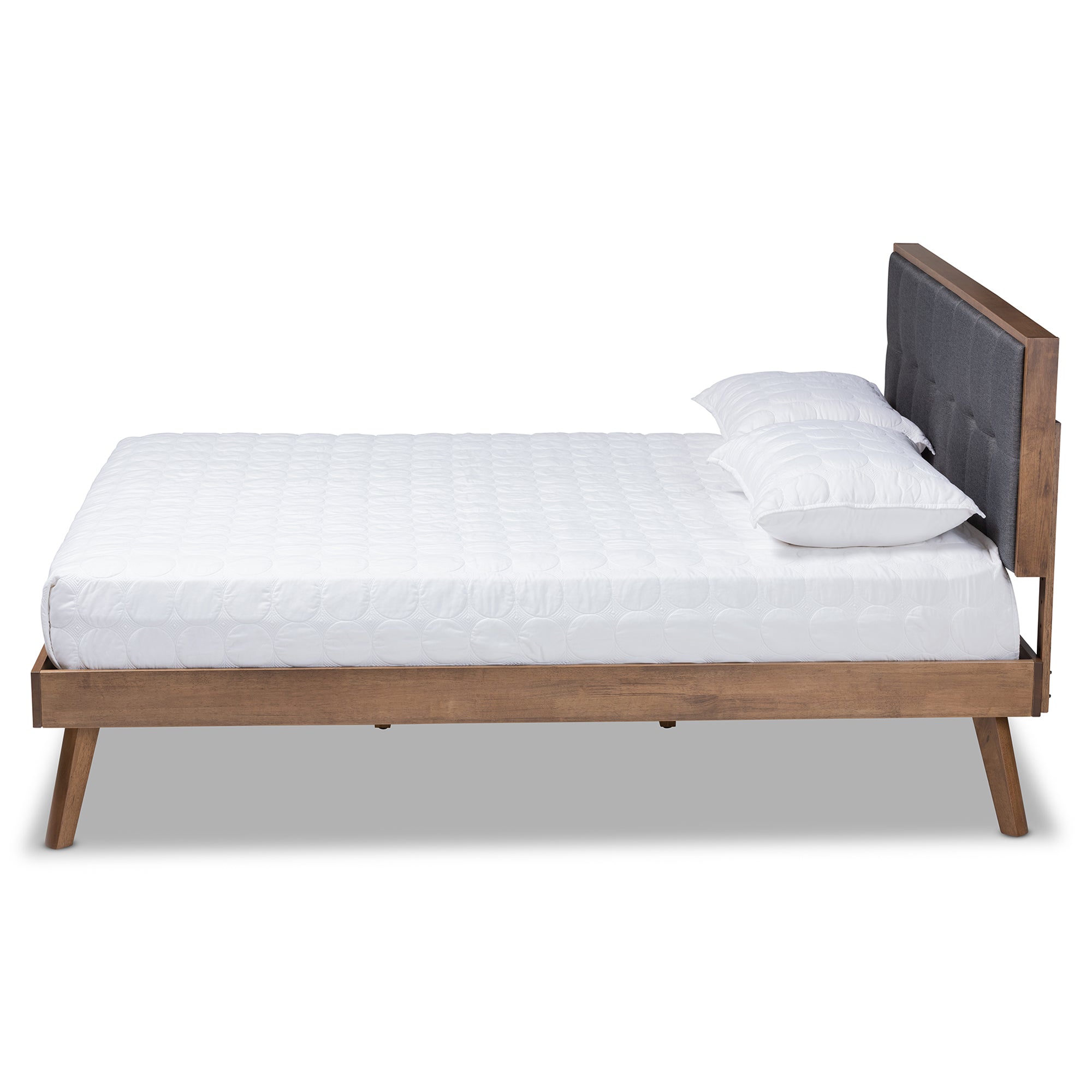 Thea Alke Queen Dark Grey Fabric & Walnut Wood Platform Bed – Mid-Century Style with Padded Headboard