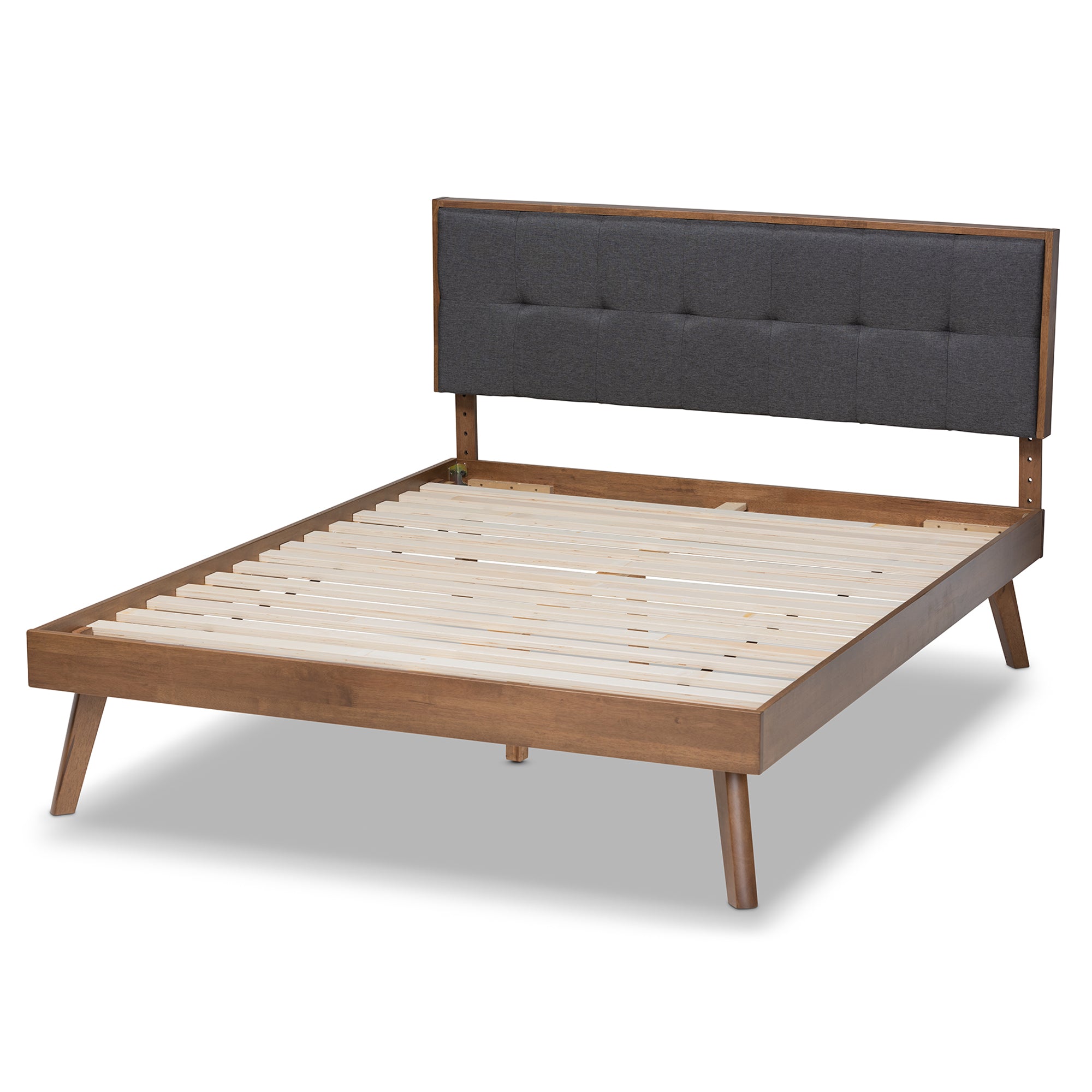 Alke Mid-Century Modern Dark Grey Fabric Upholstered Walnut Brown Finished Wood King Size Platform Bed