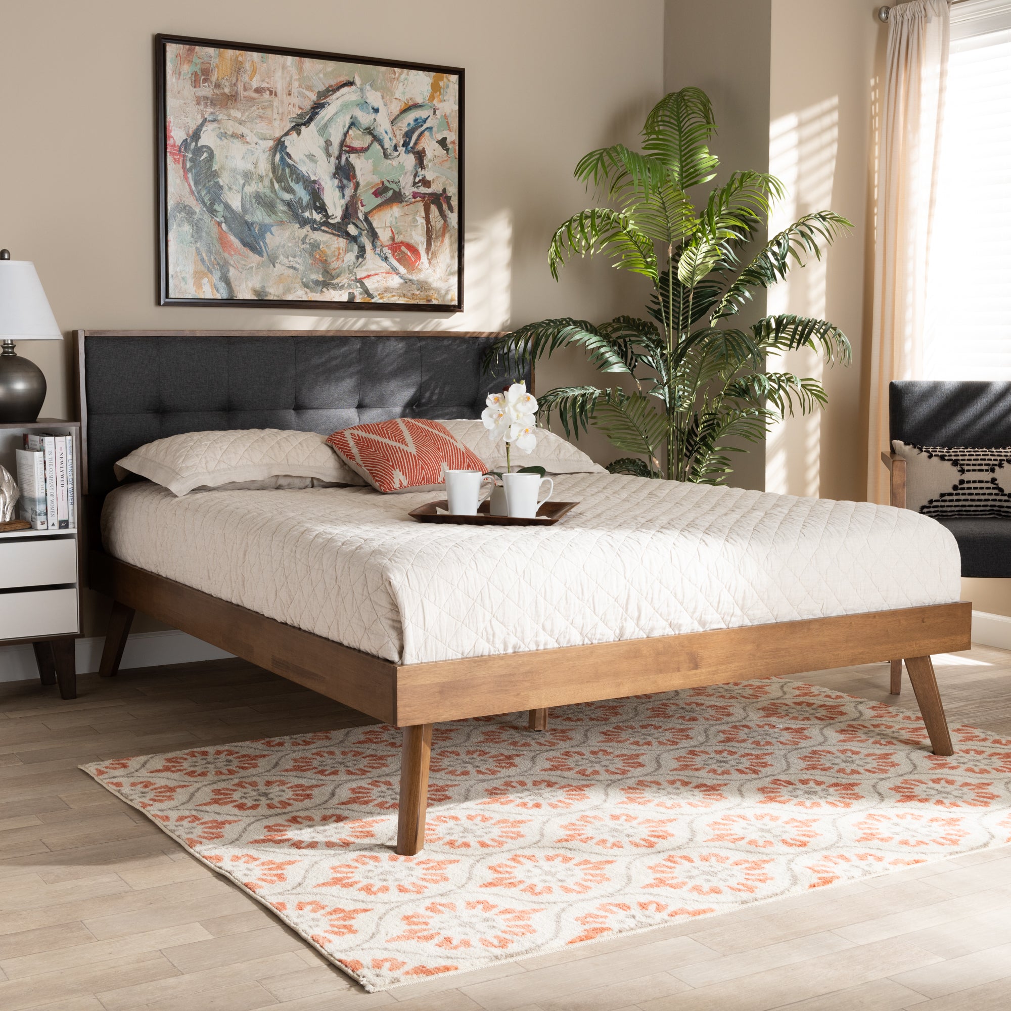 Thea Alke Queen Dark Grey Fabric & Walnut Wood Platform Bed – Mid-Century Style with Padded Headboard