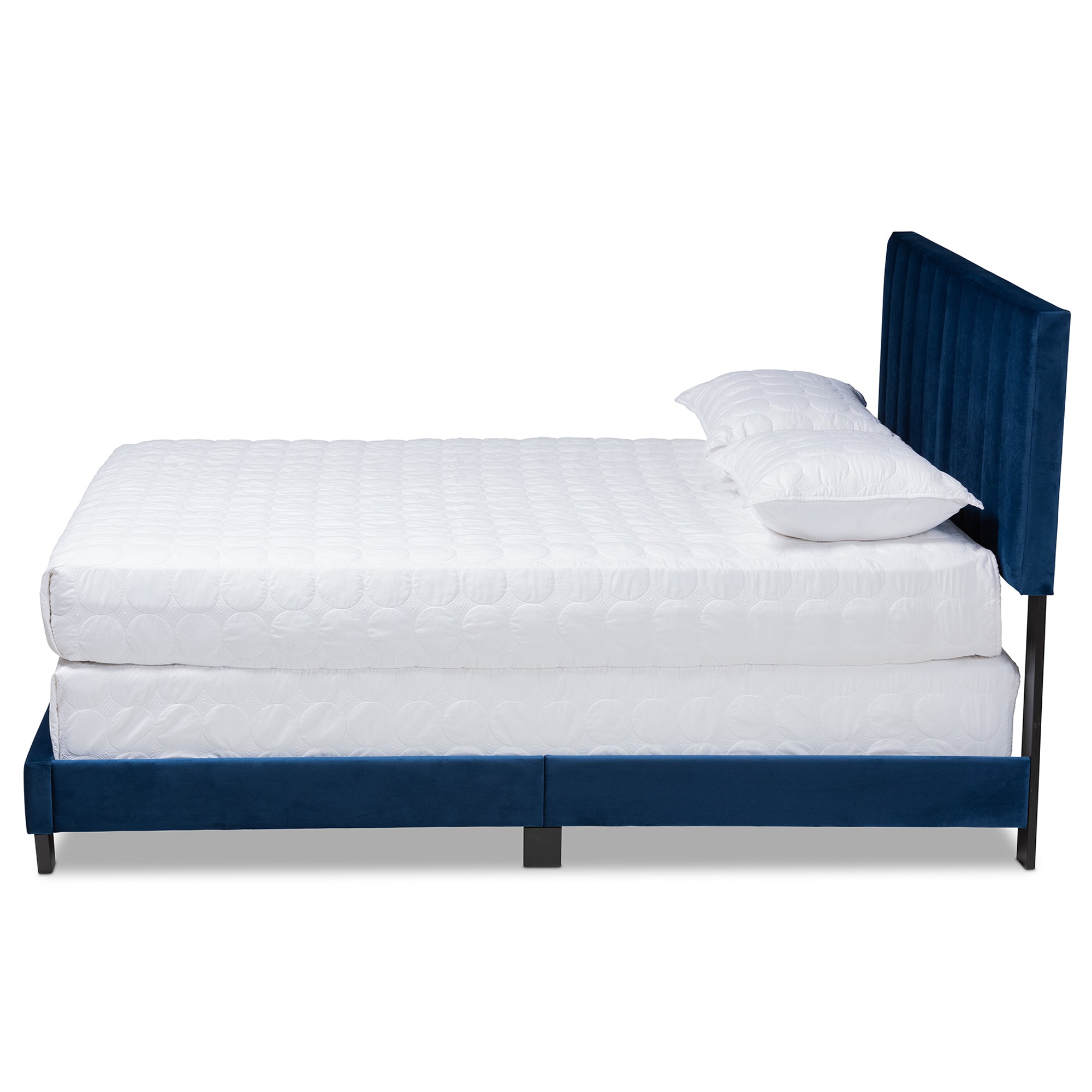 Clare Navy Blue Velvet Fabric Upholstered King Size Panel Bed with Channel Tufted Headboard