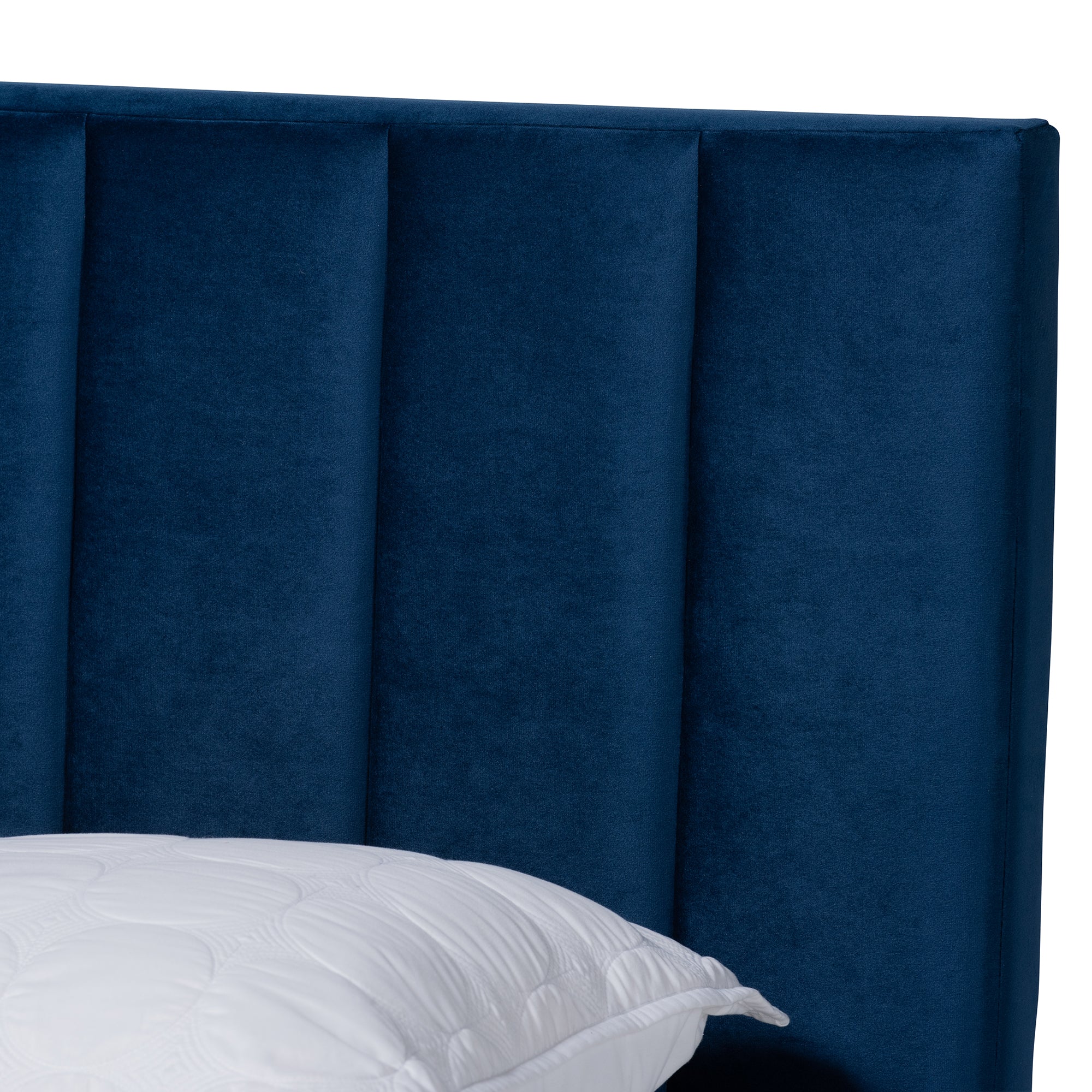 Clare Navy Blue Velvet Fabric Upholstered King Size Panel Bed with Channel Tufted Headboard