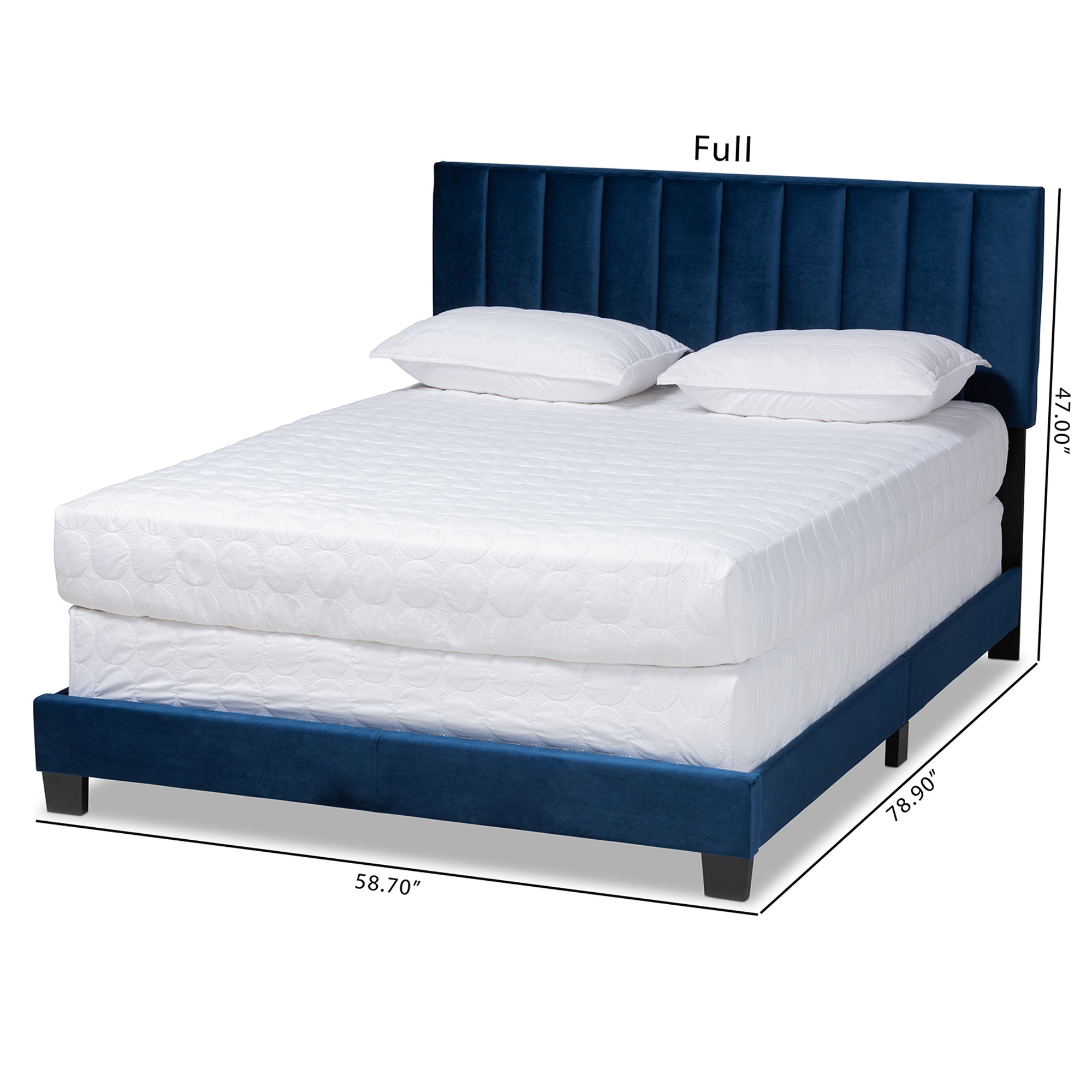 Clare Navy Blue Velvet Fabric Upholstered King Size Panel Bed with Channel Tufted Headboard