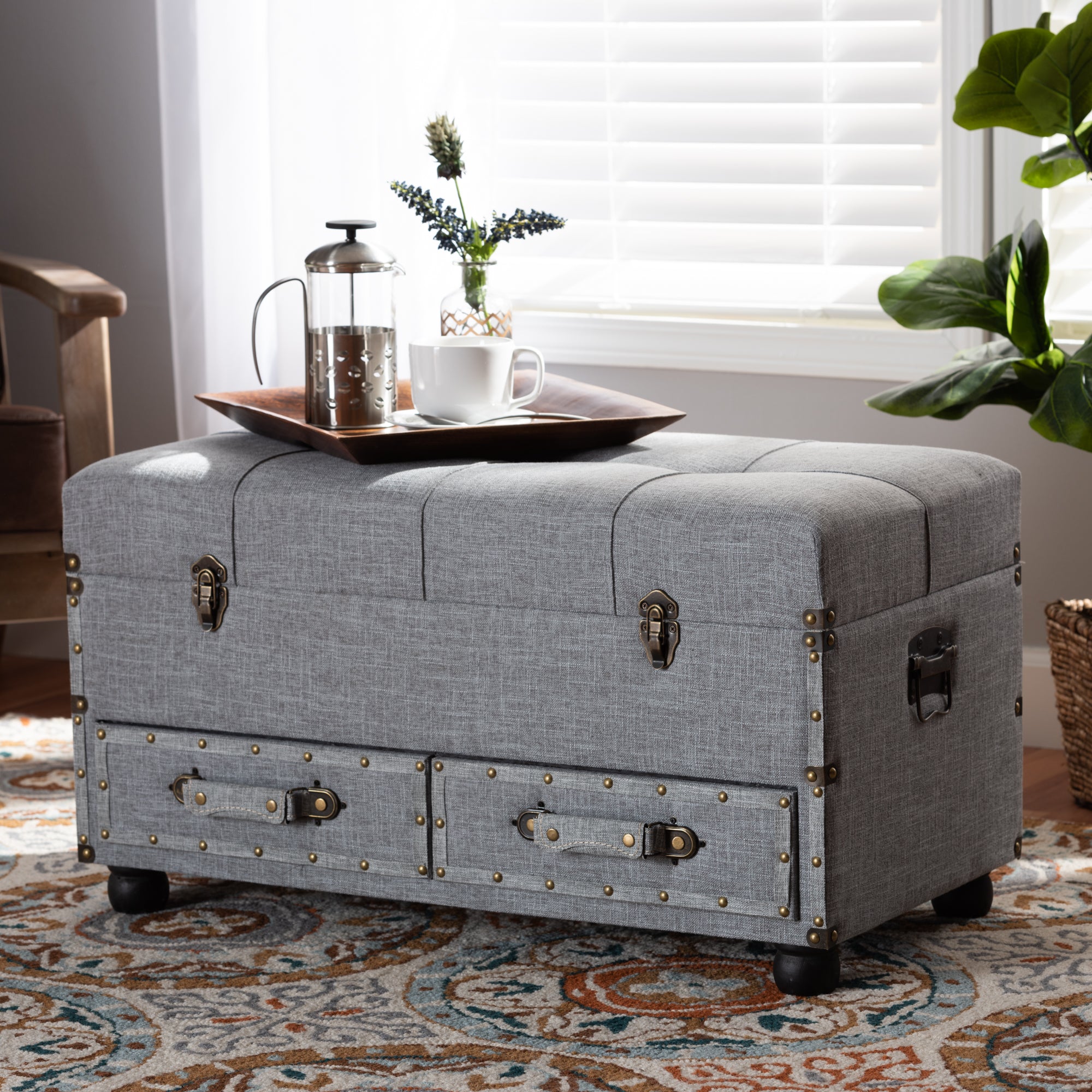 Flynn Modern Transitional Grey Fabric Upholstered 2-Drawer Storage Trunk Ottoman