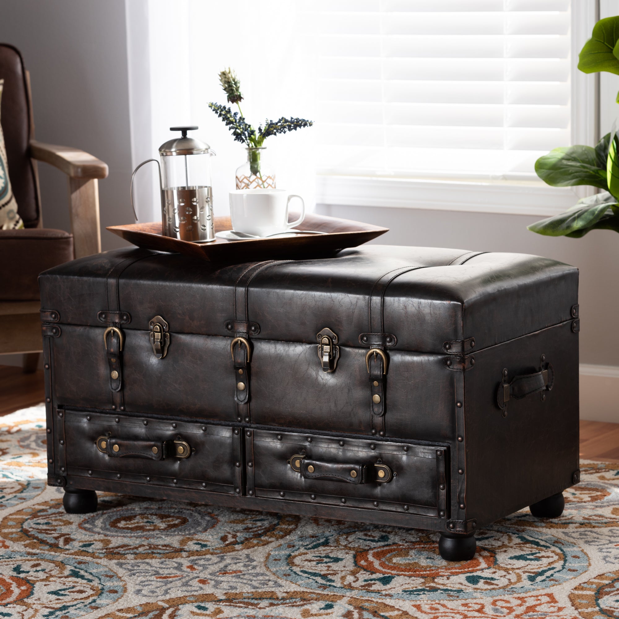 Callum Modern Transitional Distressed Dark Brown Faux Leather Upholstered 2-Drawer Storage Trunk Ottoman