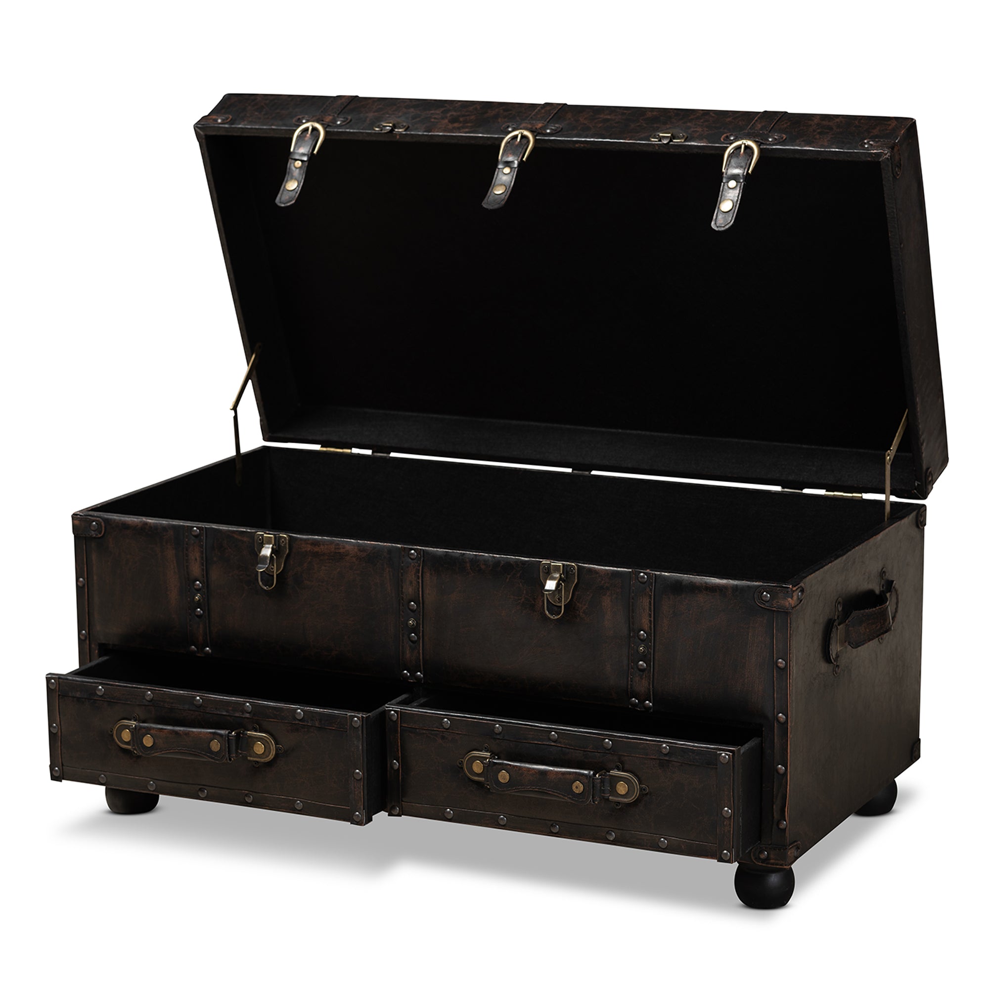 Callum Modern Transitional Distressed Dark Brown Faux Leather Upholstered 2-Drawer Storage Trunk Ottoman