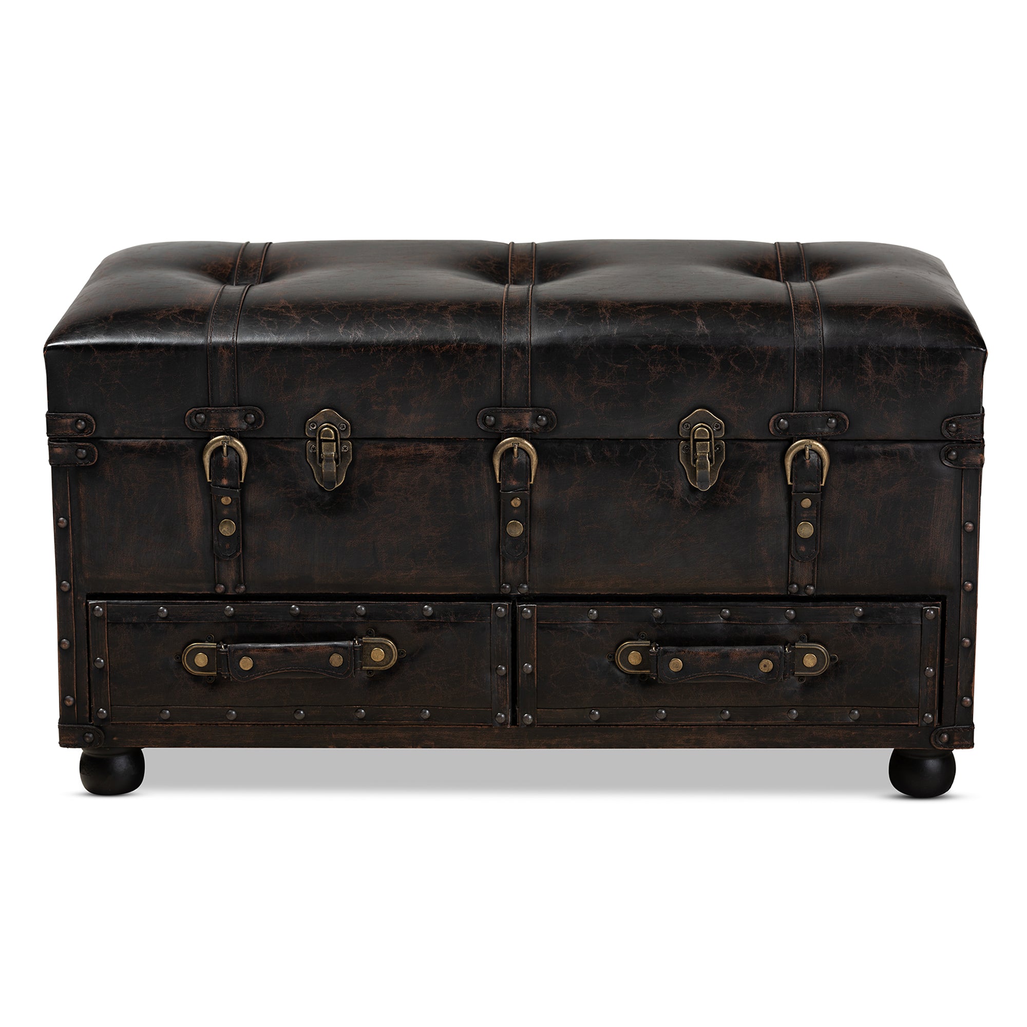 Callum Modern Transitional Distressed Dark Brown Faux Leather Upholstered 2-Drawer Storage Trunk Ottoman