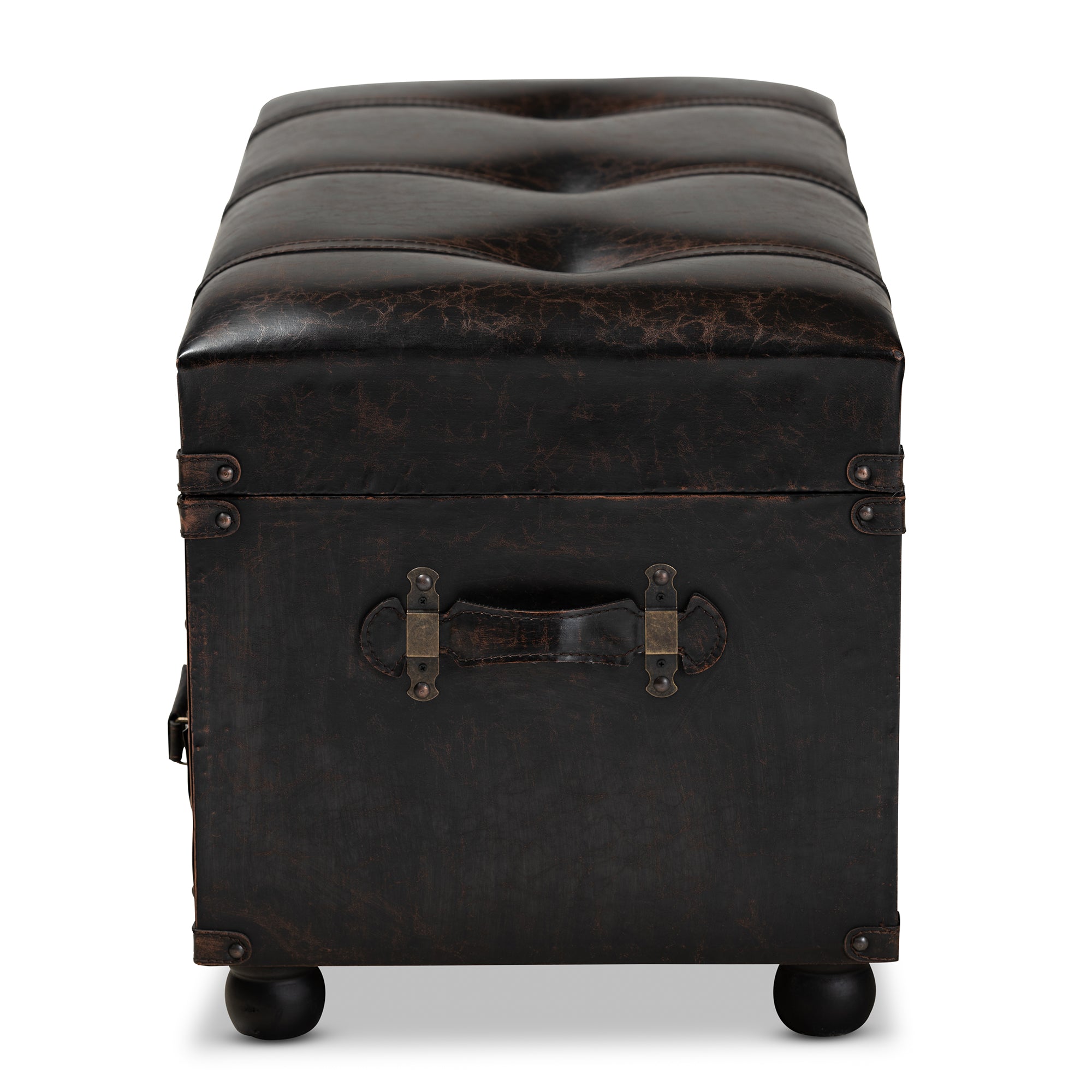 Callum Modern Transitional Distressed Dark Brown Faux Leather Upholstered 2-Drawer Storage Trunk Ottoman