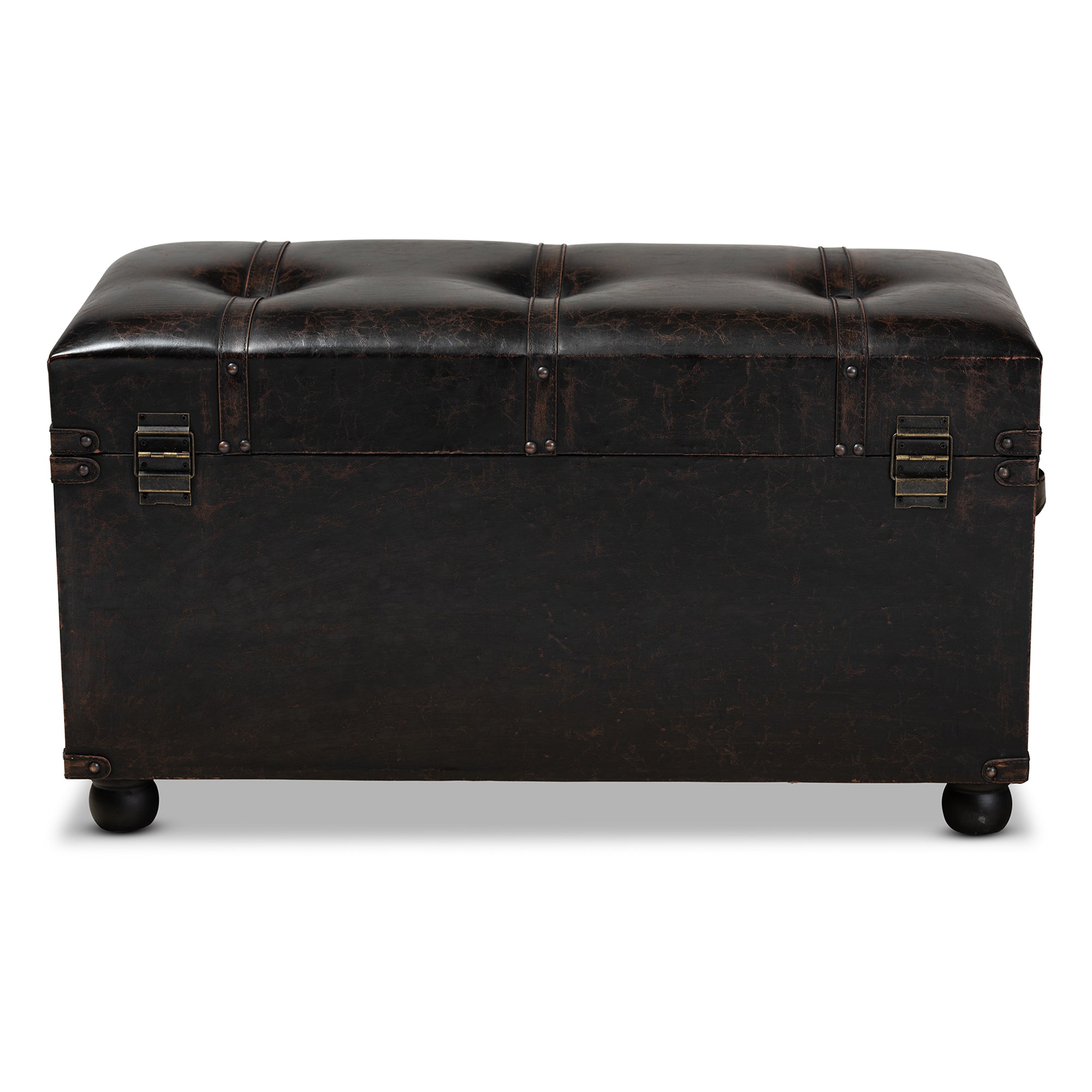 Callum Modern Transitional Distressed Dark Brown Faux Leather Upholstered 2-Drawer Storage Trunk Ottoman