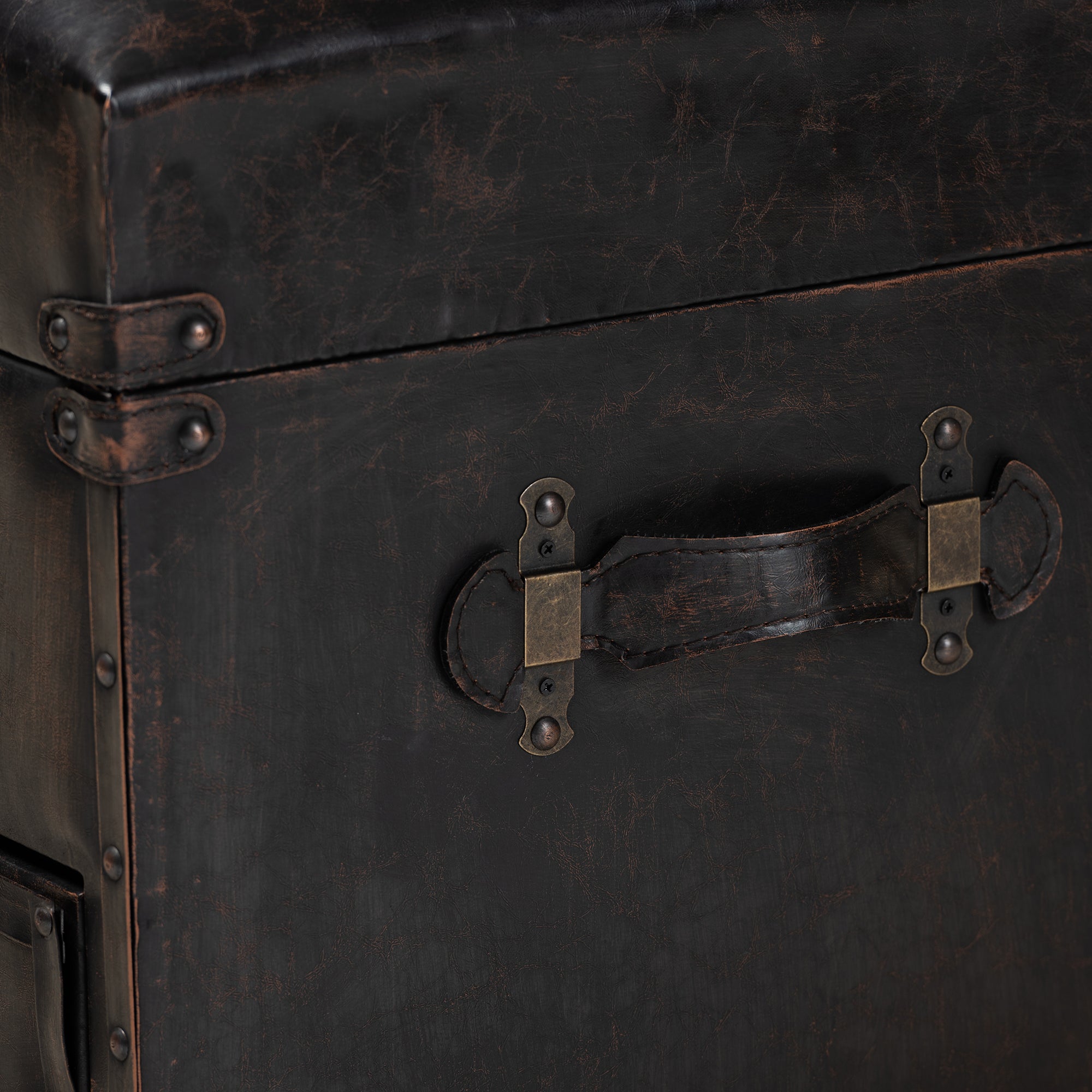 Callum Modern Transitional Distressed Dark Brown Faux Leather Upholstered 2-Drawer Storage Trunk Ottoman