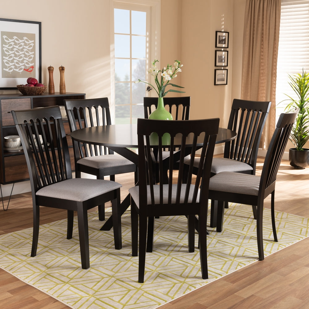 Lore Modern and Contemporary Grey Fabric Upholstered and Dark Brown Finished Wood 7-Piece Dining Set