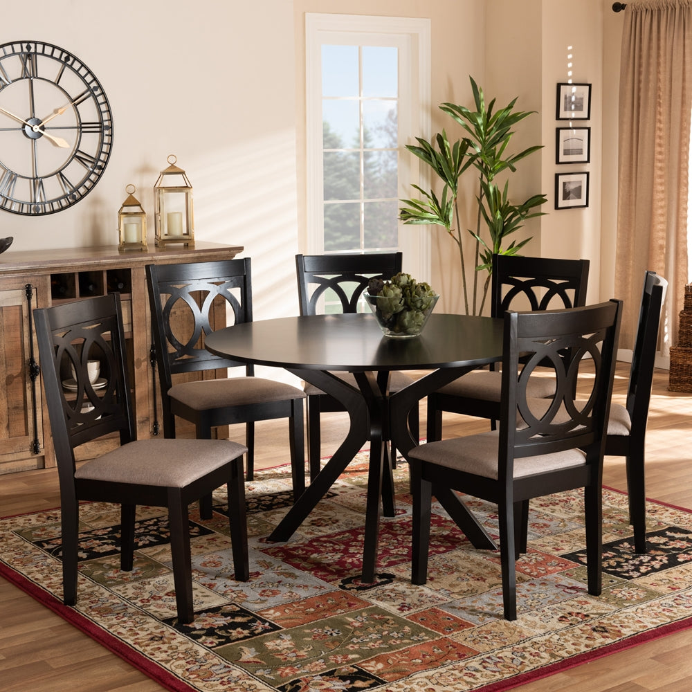 Sanne Modern and Contemporary Sand Fabric Upholstered and Dark Brown Finished Wood 7-Piece Dining Set