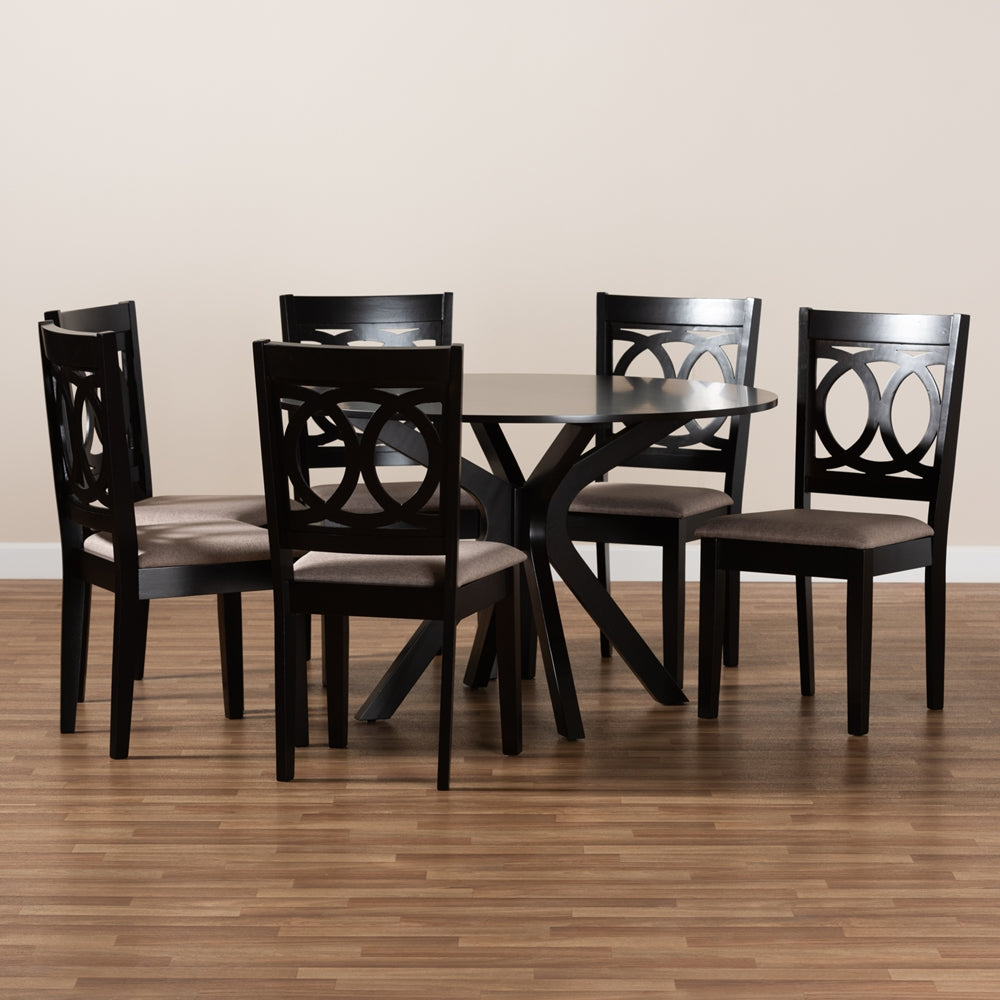 Sanne Modern and Contemporary Sand Fabric Upholstered and Dark Brown Finished Wood 7-Piece Dining Set