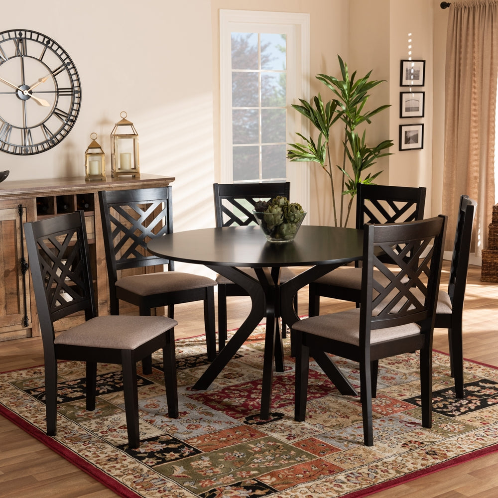 Norah Modern and Contemporary Sand Fabric Upholstered and Dark Brown Finished Wood 7-Piece Dining Set