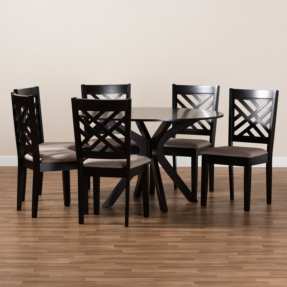 Norah Modern and Contemporary Sand Fabric Upholstered and Dark Brown Finished Wood 7-Piece Dining Set