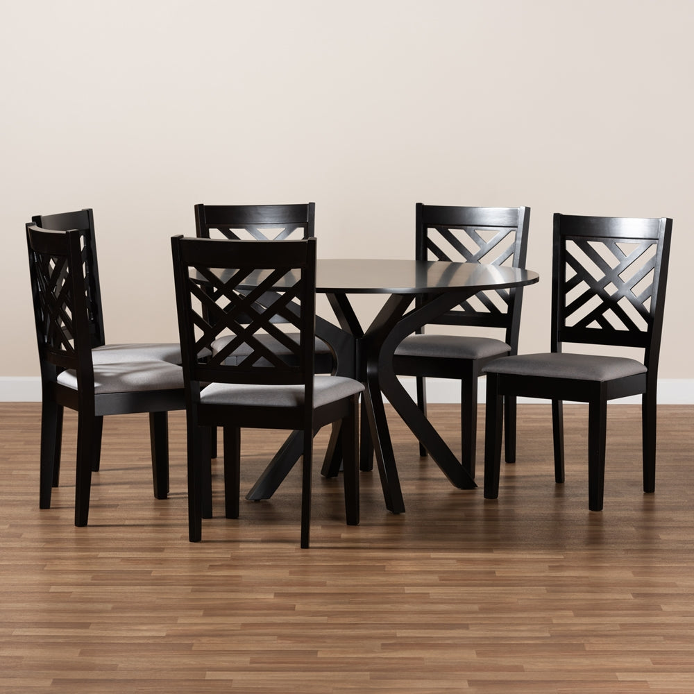 Norah Modern and Contemporary Grey Fabric Upholstered and Dark Brown Finished Wood 7-Piece Dining Set