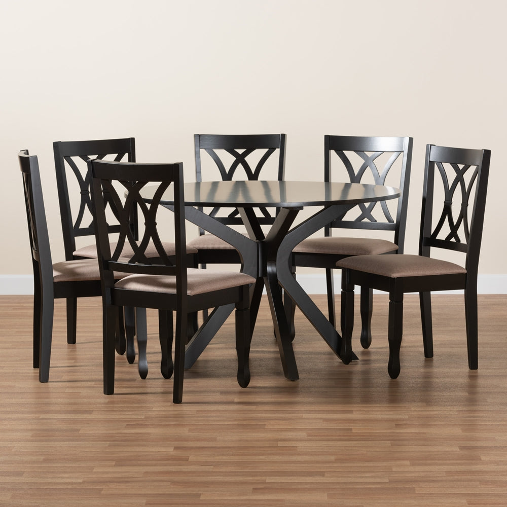Maya Modern Beige Fabric and Espresso Brown Finished Wood 7-Piece Dining Set